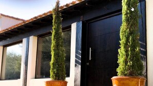 A modern building with a black door and windows. There are two large terracotta pots with green plants in front of the door. - Hôtel Mas le Sauvageon (Saintes-Maries-de-la-Mer)