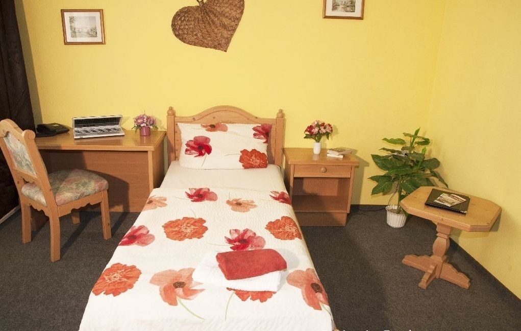 Un lit simple avec une couvre-lit à motifs floraux, un bureau en bois avec un ordinateur portable, une chaise, une table de chevet avec une plante et un décor en forme de cœur fixé au mur.