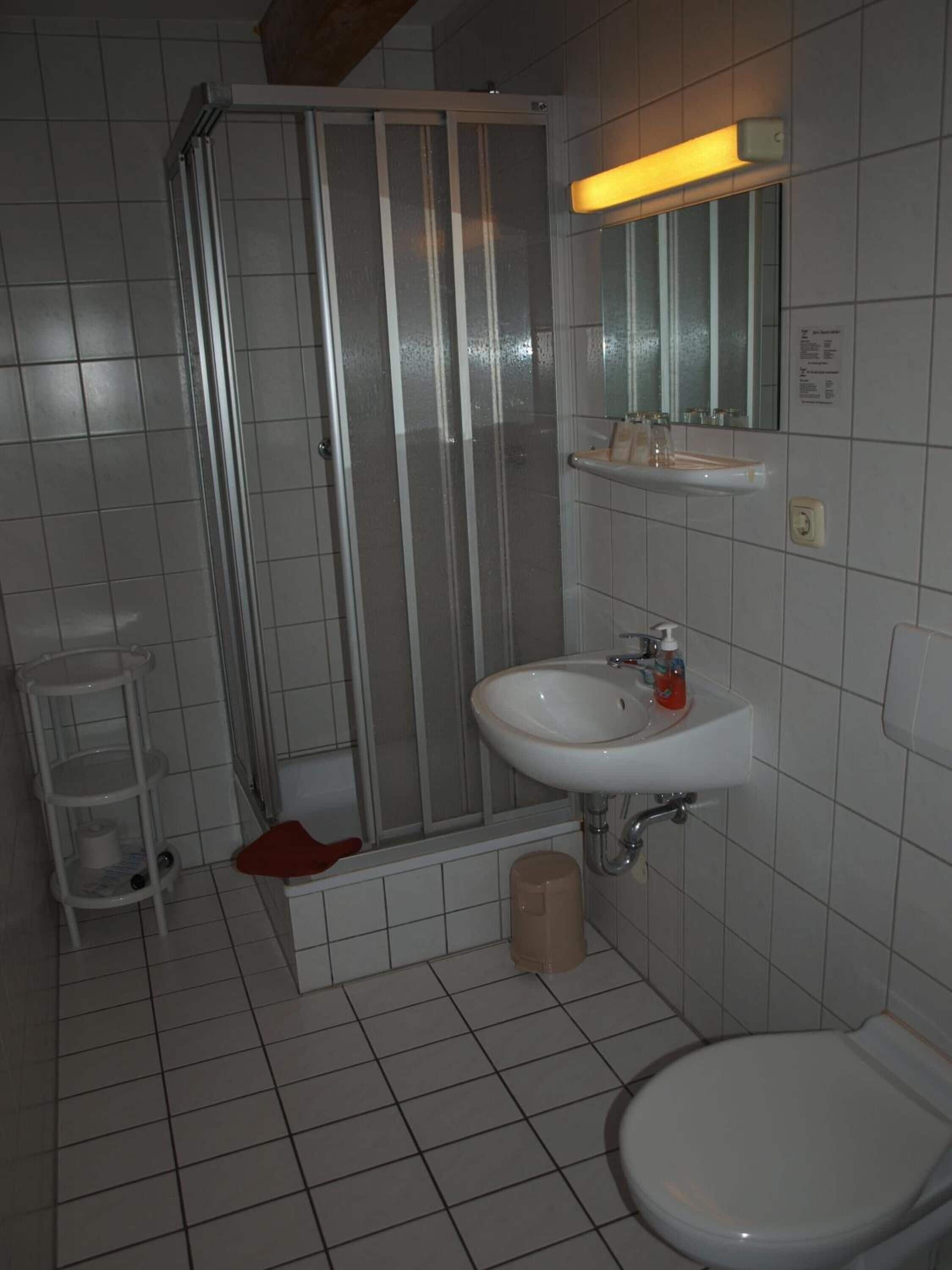 A bathroom with a shower, sink, toilet, and a shelf with toiletries.