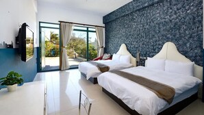 A modern hotel room with two beds, a large window, and a view of greenery. - Da Jen Shan Style Resort (Hengchun)