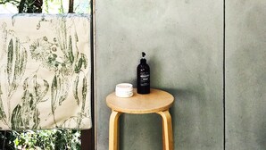 A room with a concrete wall, a hanging plant, a small wooden stool, and a bottle of soap.
