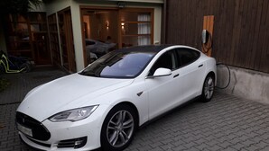 Een witte Tesla Model 3 staat op een verharde oprit.