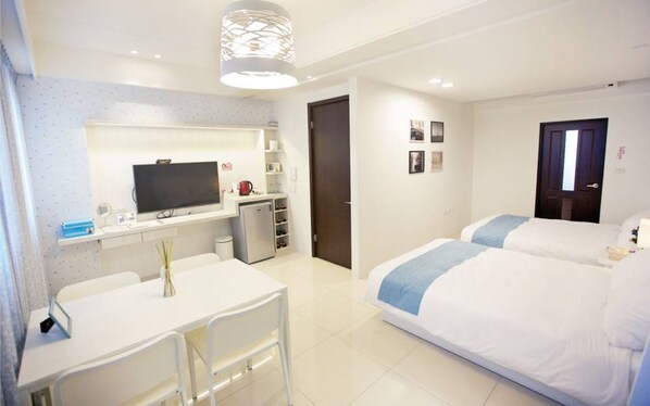 Desk, blackout curtains, free WiFi, bed sheets