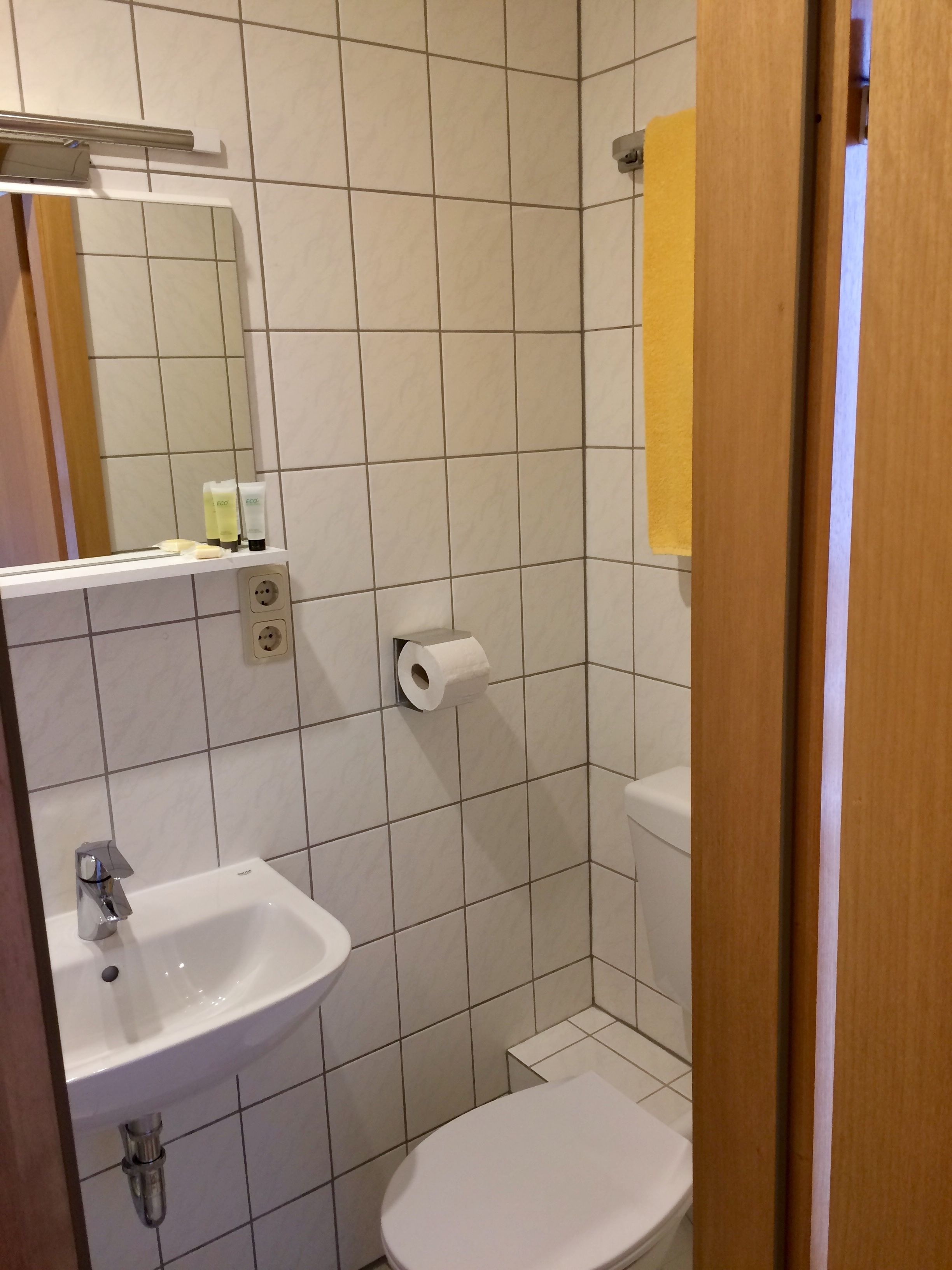 A bathroom with a white sink, a mirror, a toilet, and a roll of toilet paper on the wall.