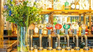 Un espace bar doté de plusieurs robinets à bière et agrémenté d’un vase de fleurs posé sur le comptoir.