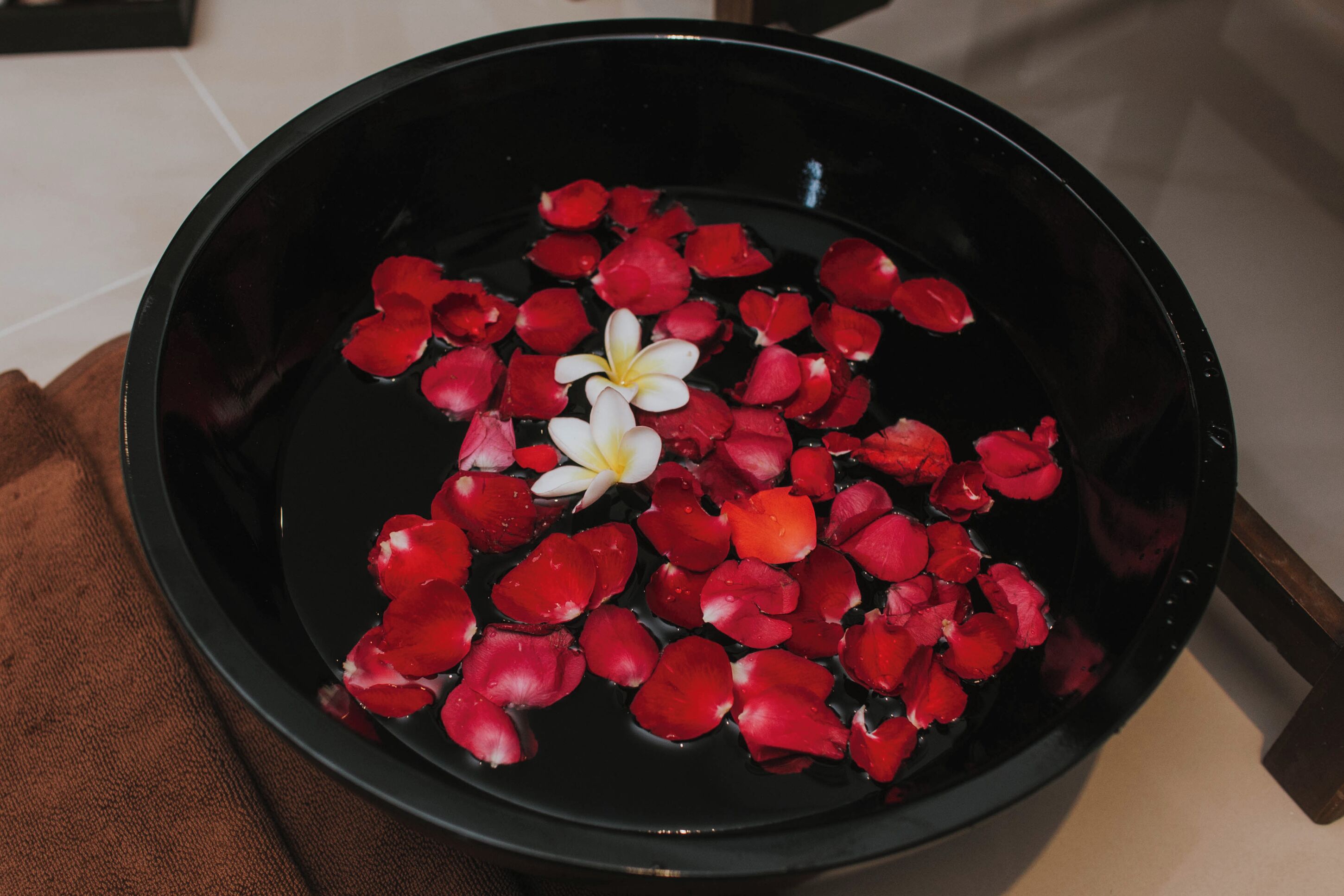Un cuenco negro con agua, pétalos de rosa roja y una flor blanca.