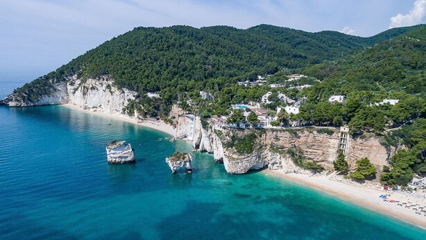 A coastal town with a beach, cliffs, and a mountainous backdrop. - Hotel Baia Dei Faraglioni (Mattinata)