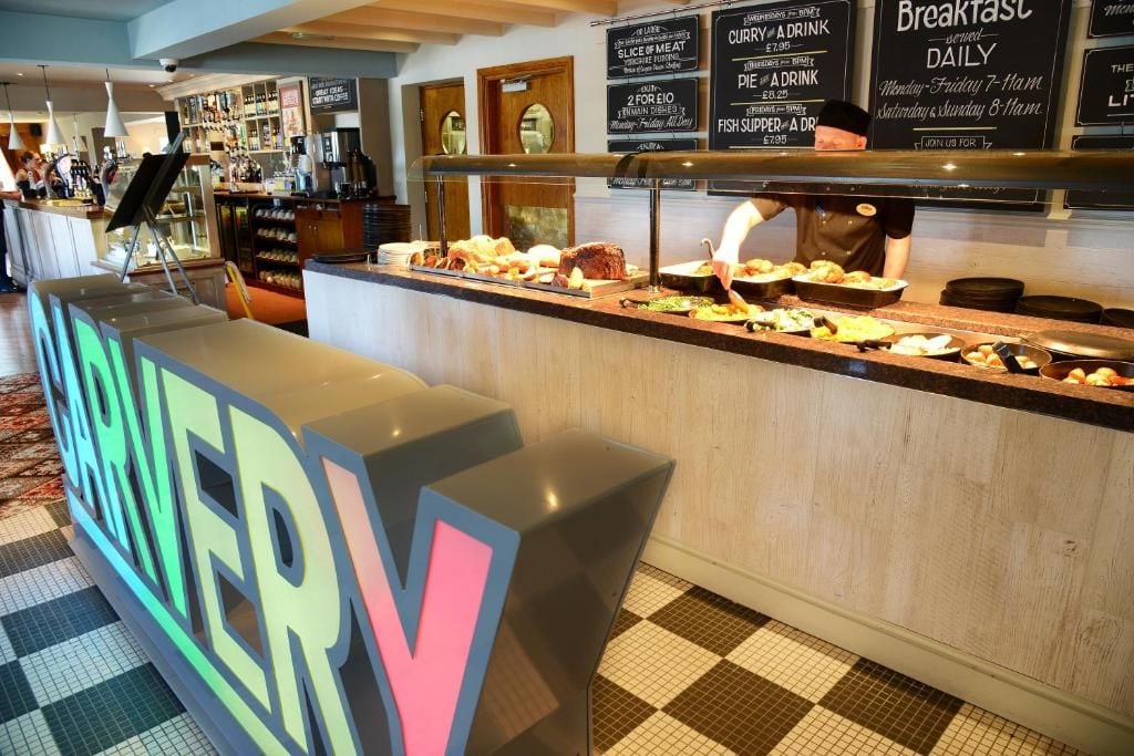 A breakfast buffet area with a variety of food options and a sign indicating breakfast is served daily.