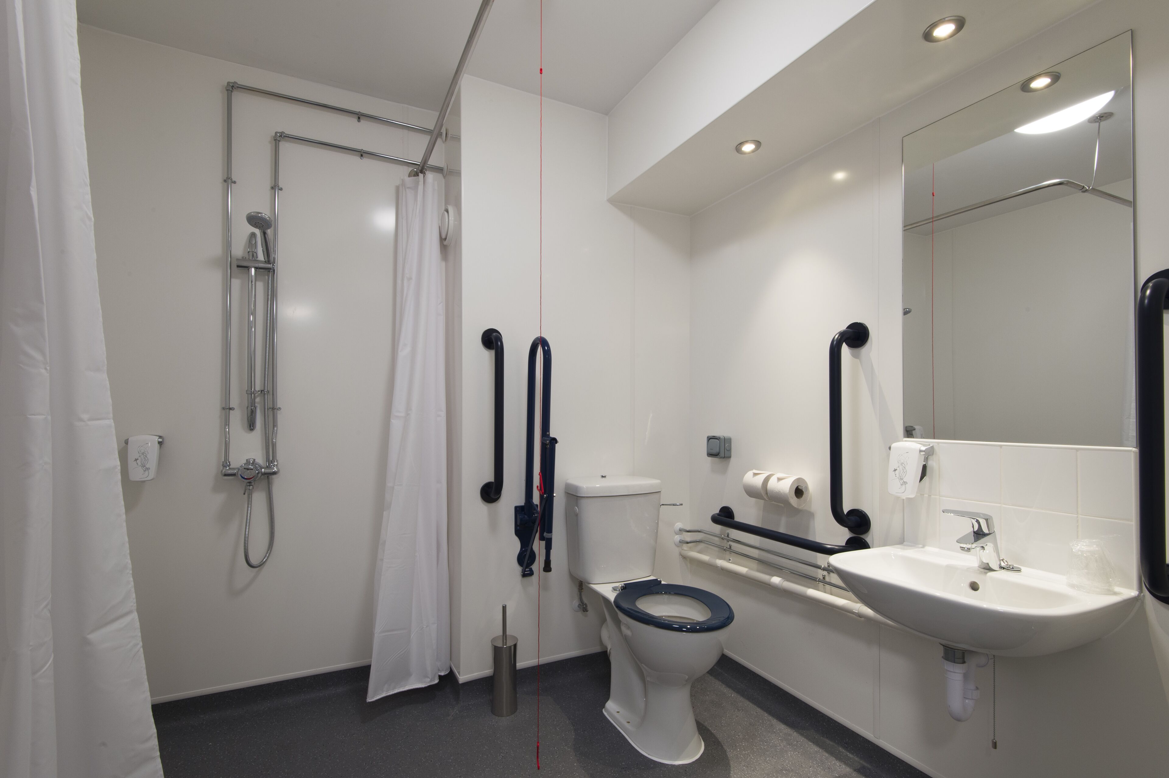 A modern bathroom with a shower, toilet, and sink, equipped with grab bars and a handrail.