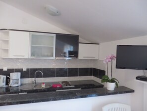 Studio, Terrasse | Eigene Kochnische | Kühlschrank, Herdplatte, Wasserkocher mit Kaffee-/Teezubehör