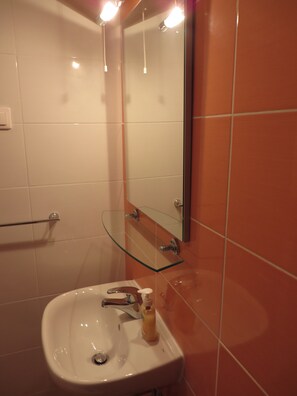 Studio, vue mer | Salle de bain | Sèche-cheveux, serviettes fournies, savon, papier toilette