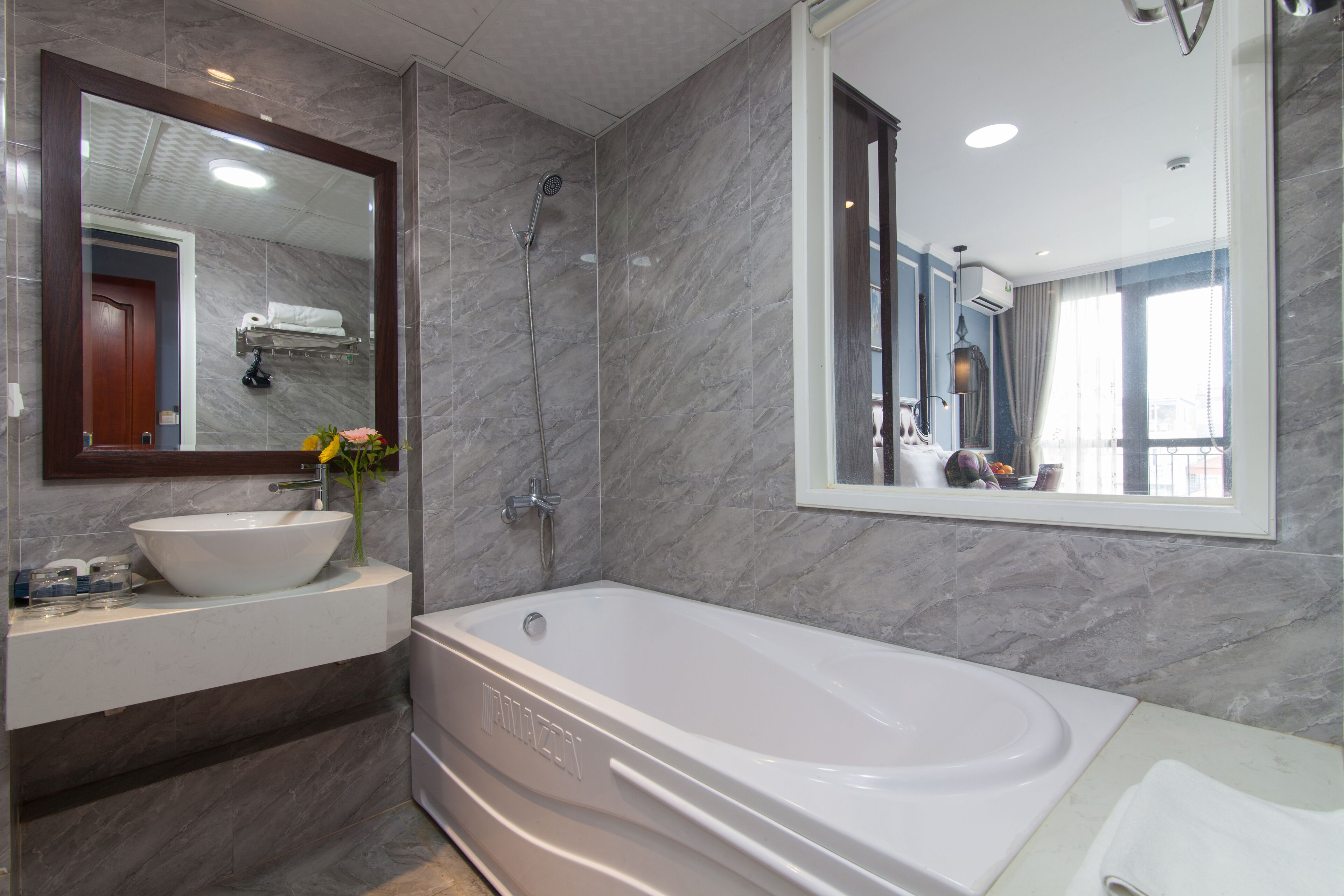 shower, rainfall showerhead, hair dryer, slippers