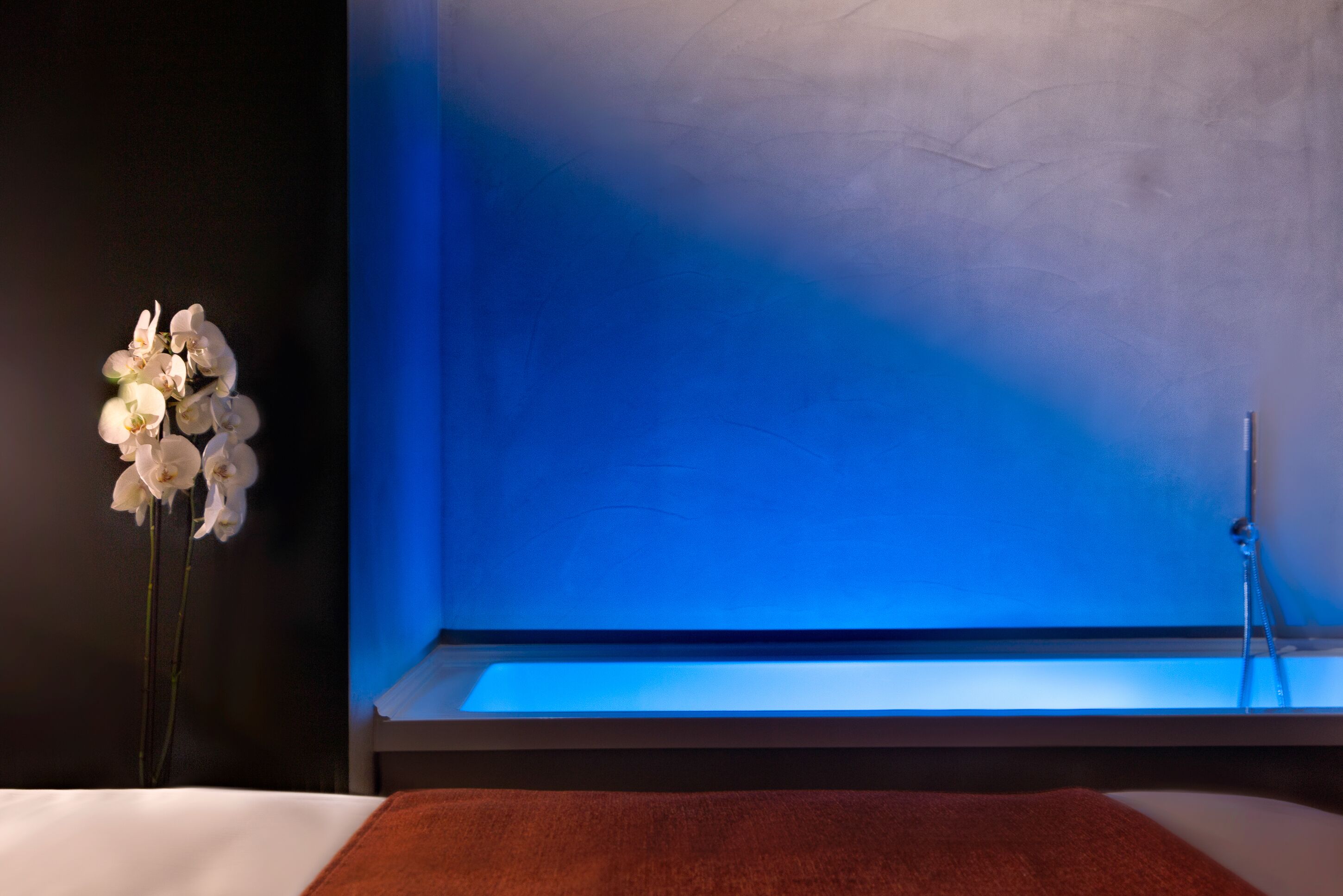 Un bagno moderno con una parete illuminata di blu, un'elegante composizione floreale bianca e un soffione doccia a vista.