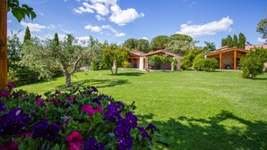A well-maintained lawn with a variety of trees and shrubs, a clear blue sky, and a building with a red roof in the background. - Agriturismo Torribasse (Magliano in Toscana)