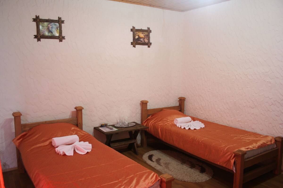 A small, cozy room with two single beds, wooden headboards, a small table with a lamp, and a rug on the floor.
