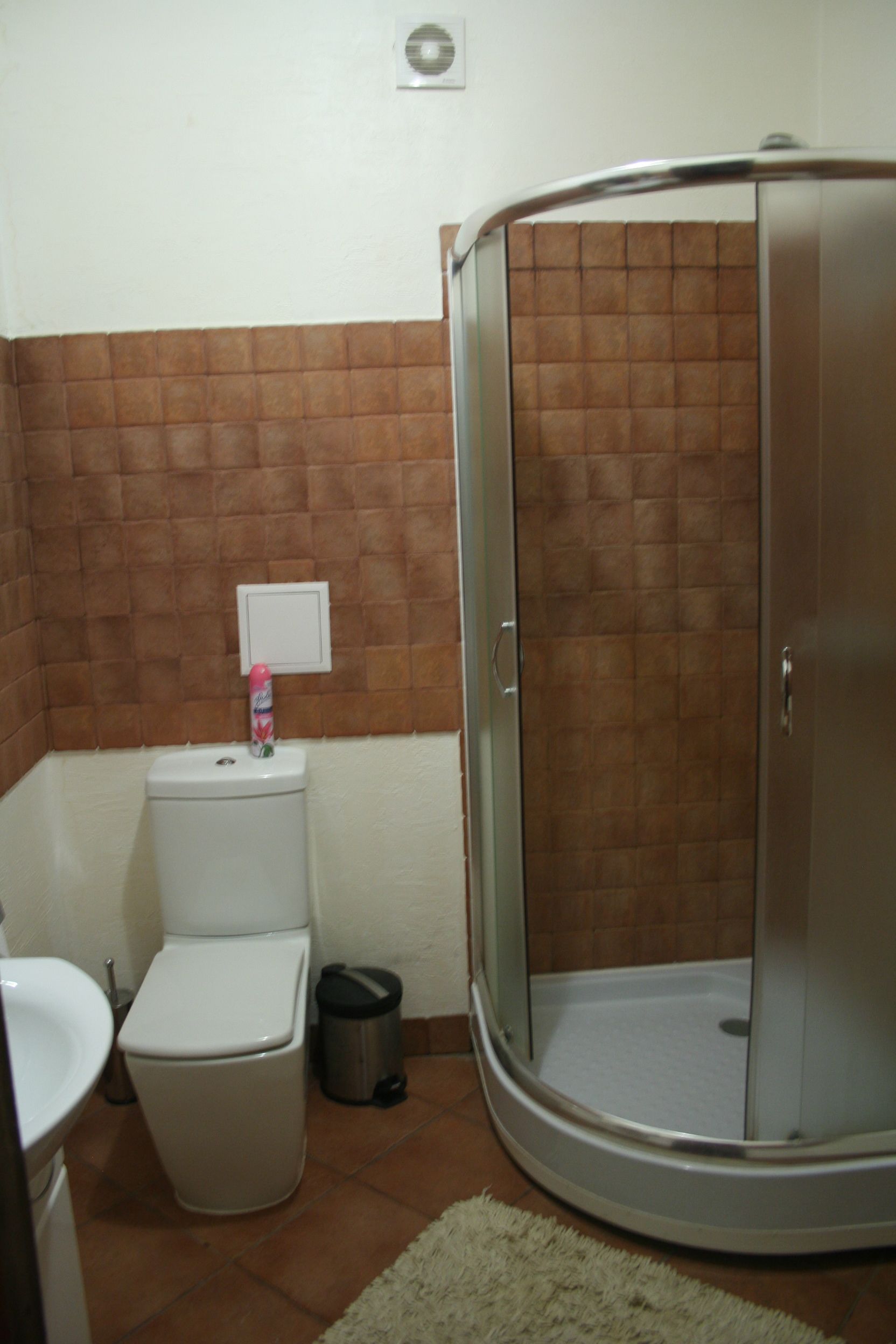 A bathroom with a toilet, a trash can, and a glass-enclosed shower.