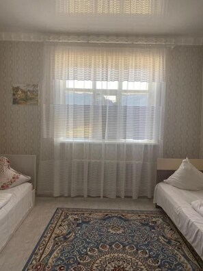 A bedroom with two single beds, a large window with sheer curtains, a patterned rug, and a wall-mounted painting. - Keruen saraiy (Aralsk)