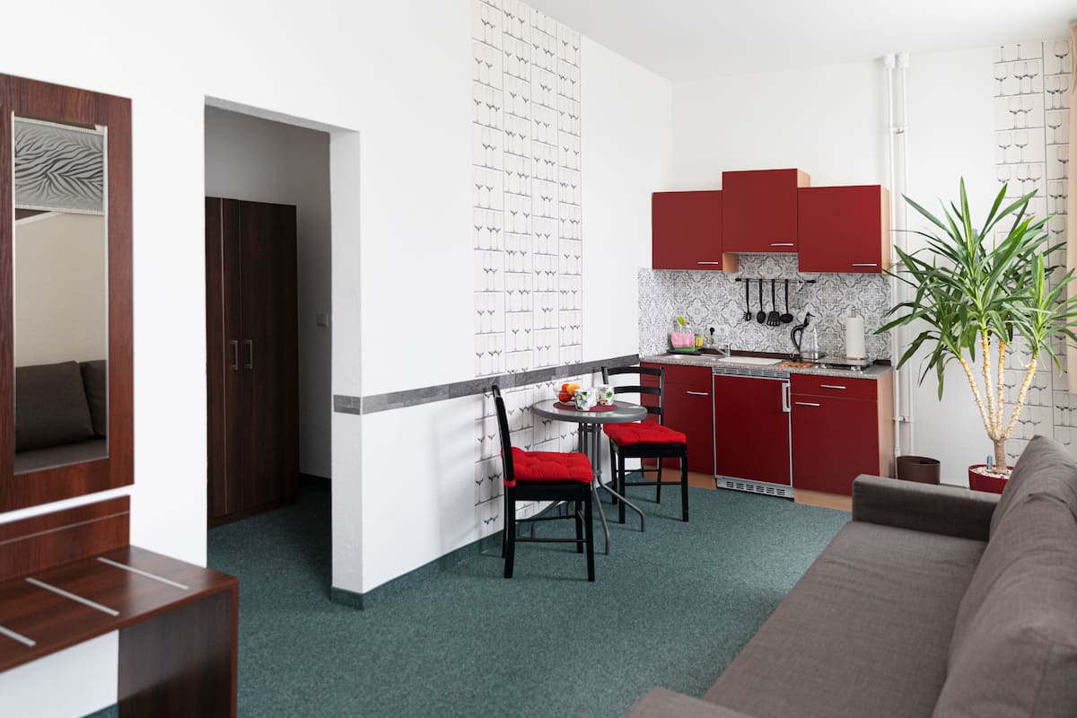 Un espacio habitable compacto con kitchenette, una zona de comedor con dos sillas, un sofá y una planta en maceta.