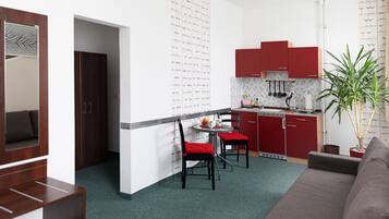 A compact living space with a kitchenette, a dining area with two chairs, a sofa, and a potted plant.