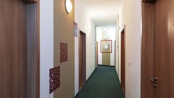 Un pasillo estrecho con puertas de madera a ambos lados, una alfombra verde y diseños decorativos en las paredes.