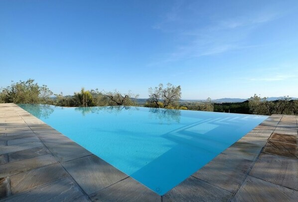 Seasonal outdoor pool, open 9:00 AM to 8:00 PM, sun loungers