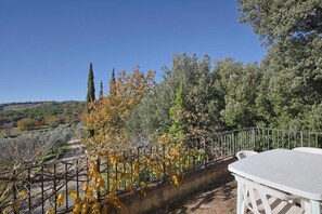 Eine Terrasse mit Tisch und Stühlen mit Blick auf einen Weinberg und Bäume.