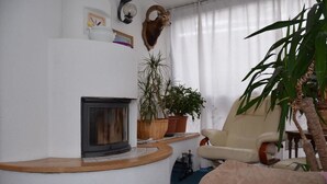 A living room with a fireplace, a sofa, a chair, and a potted plant. - Chalet Valeruz (Canazei)