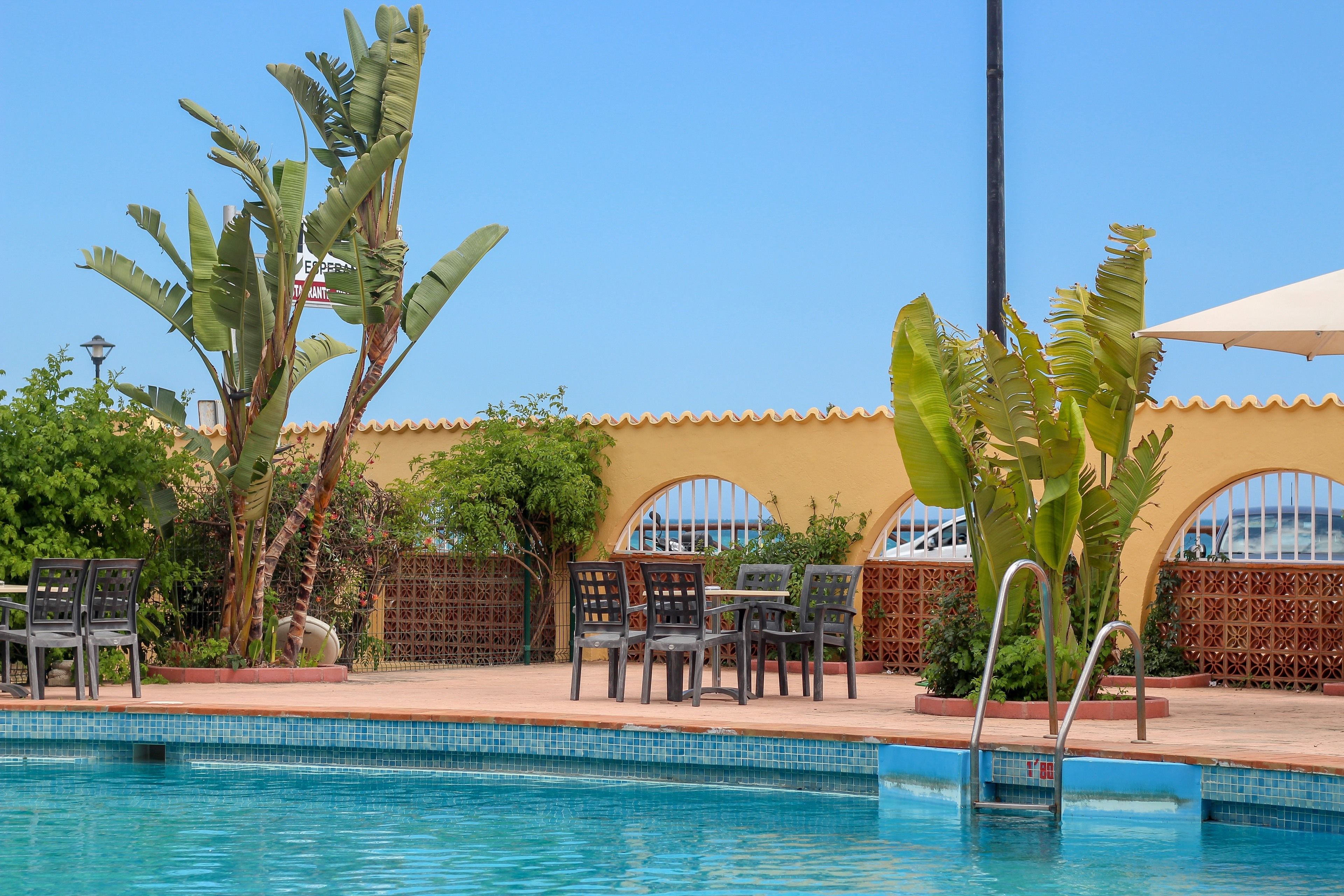 Zona de piscina con sillas y mesas, rodeada de palmeras y un edificio con ventanas arqueadas.