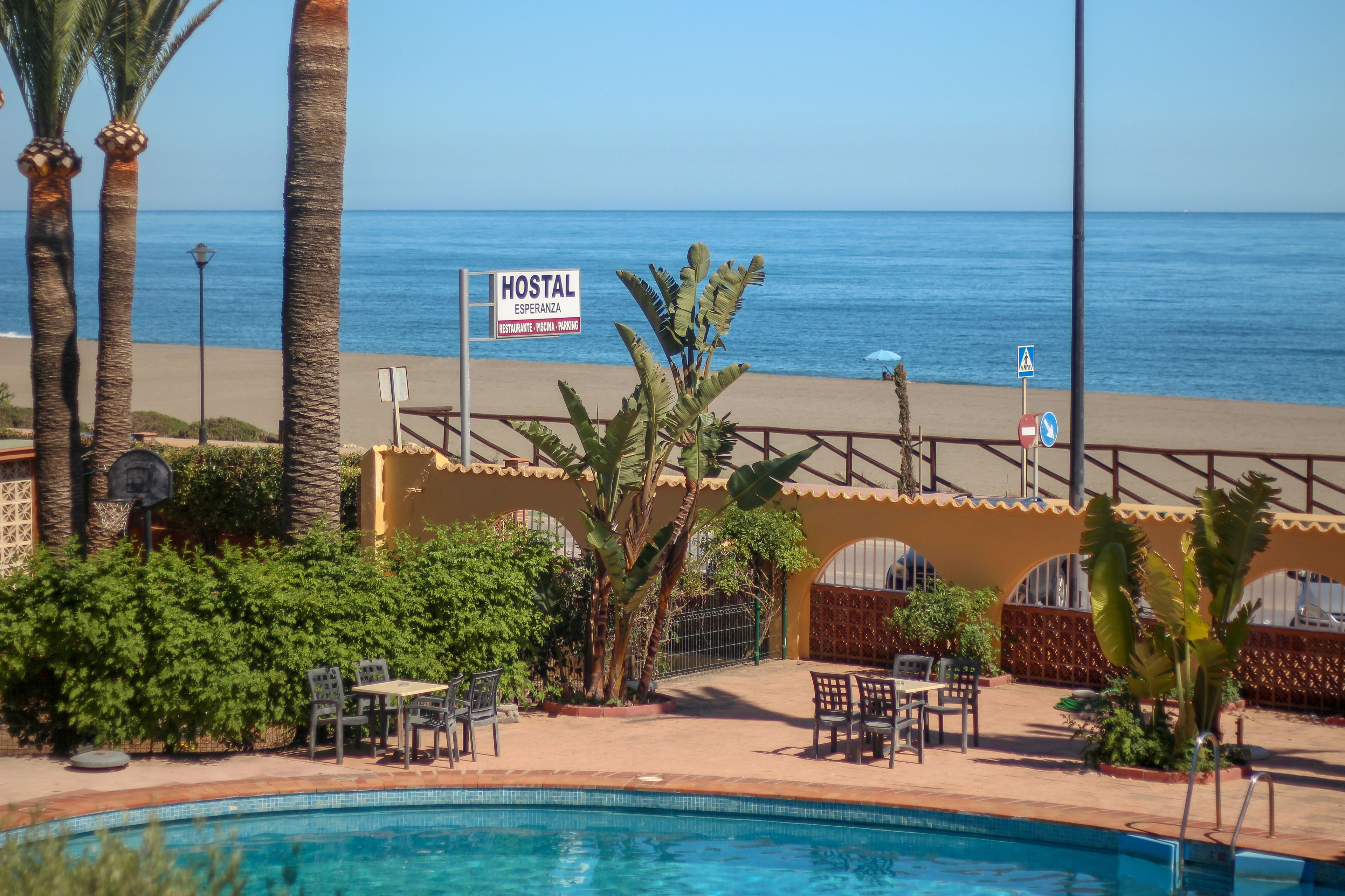 A pool area with a sign indicating a hostel, palm trees, and a view of the beach.