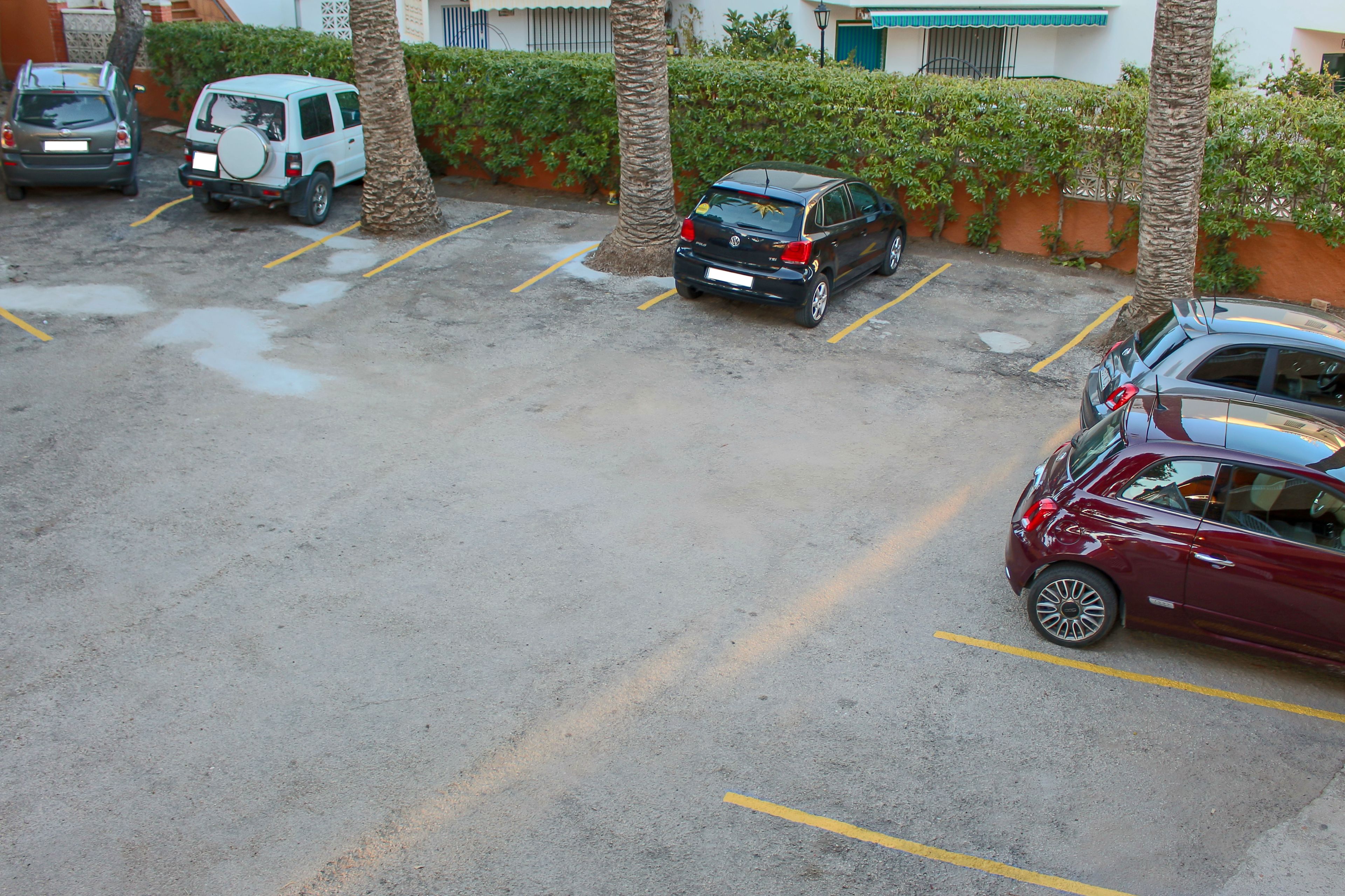 A parking lot with several cars, including a white van and a black SUV, parked near palm trees.