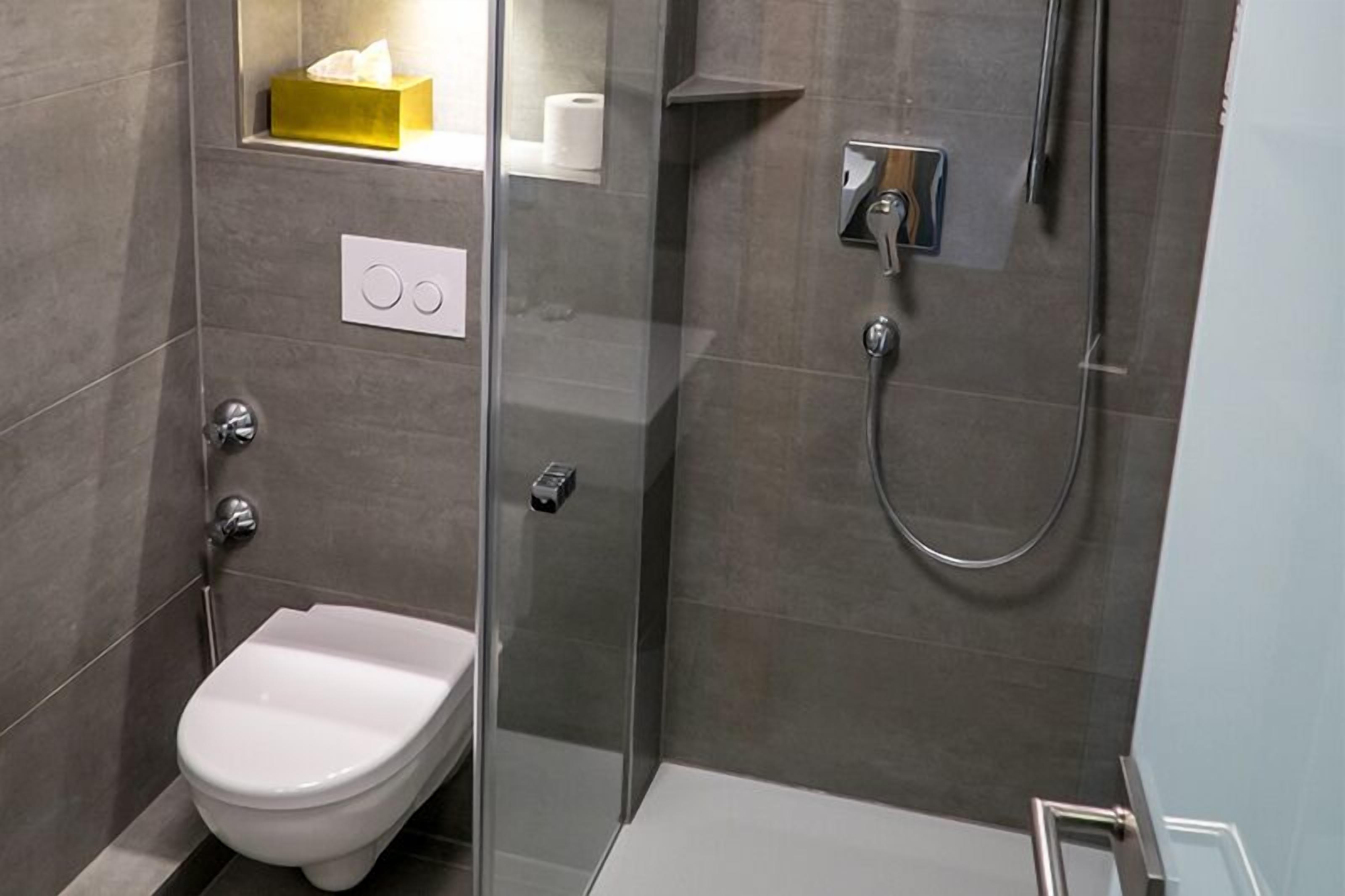 A modern bathroom with a glass-enclosed shower, a toilet, and a shelf with toiletries.