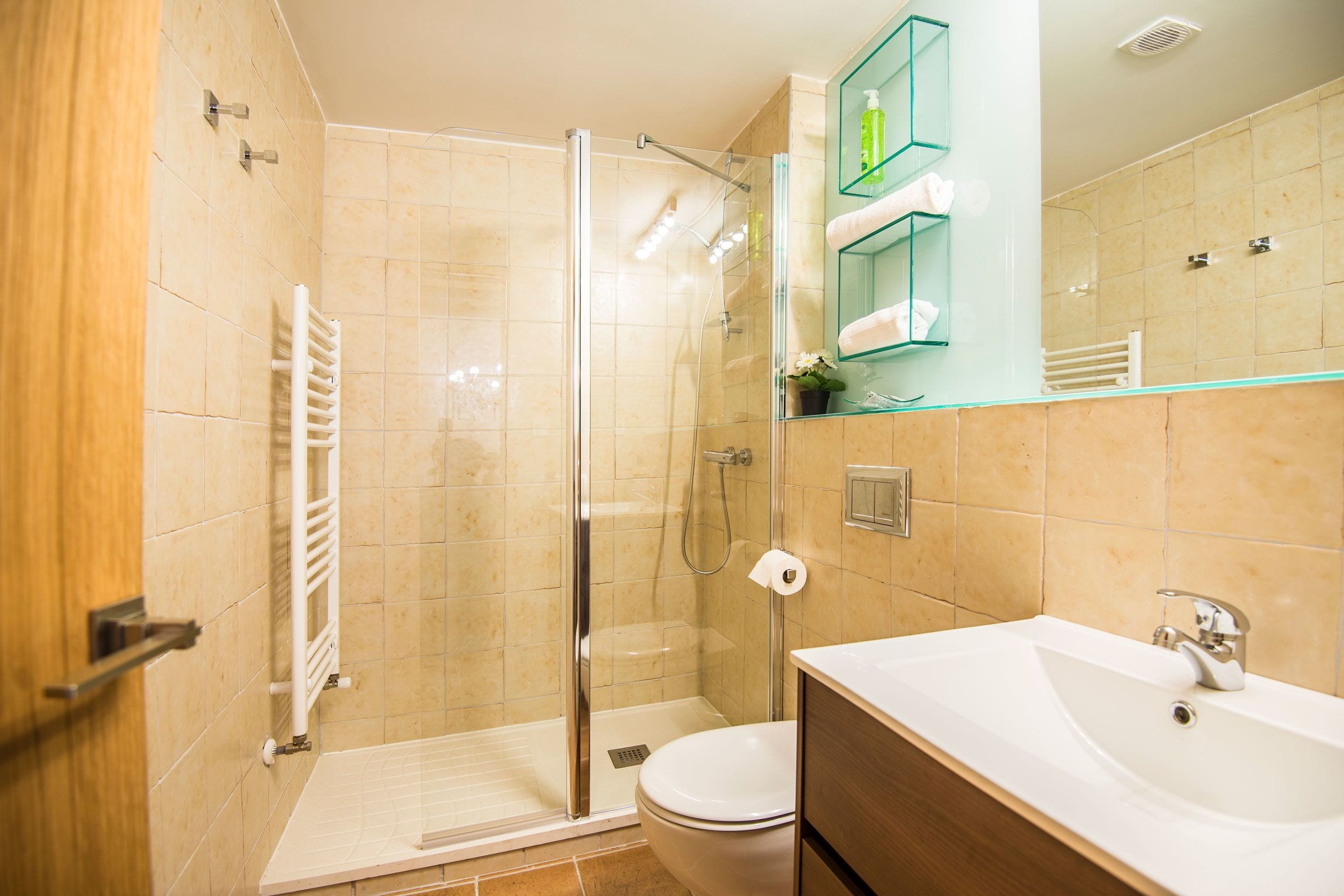 Un baño moderno con ducha acristalada, inodoro blanco y lavabo con espejo.