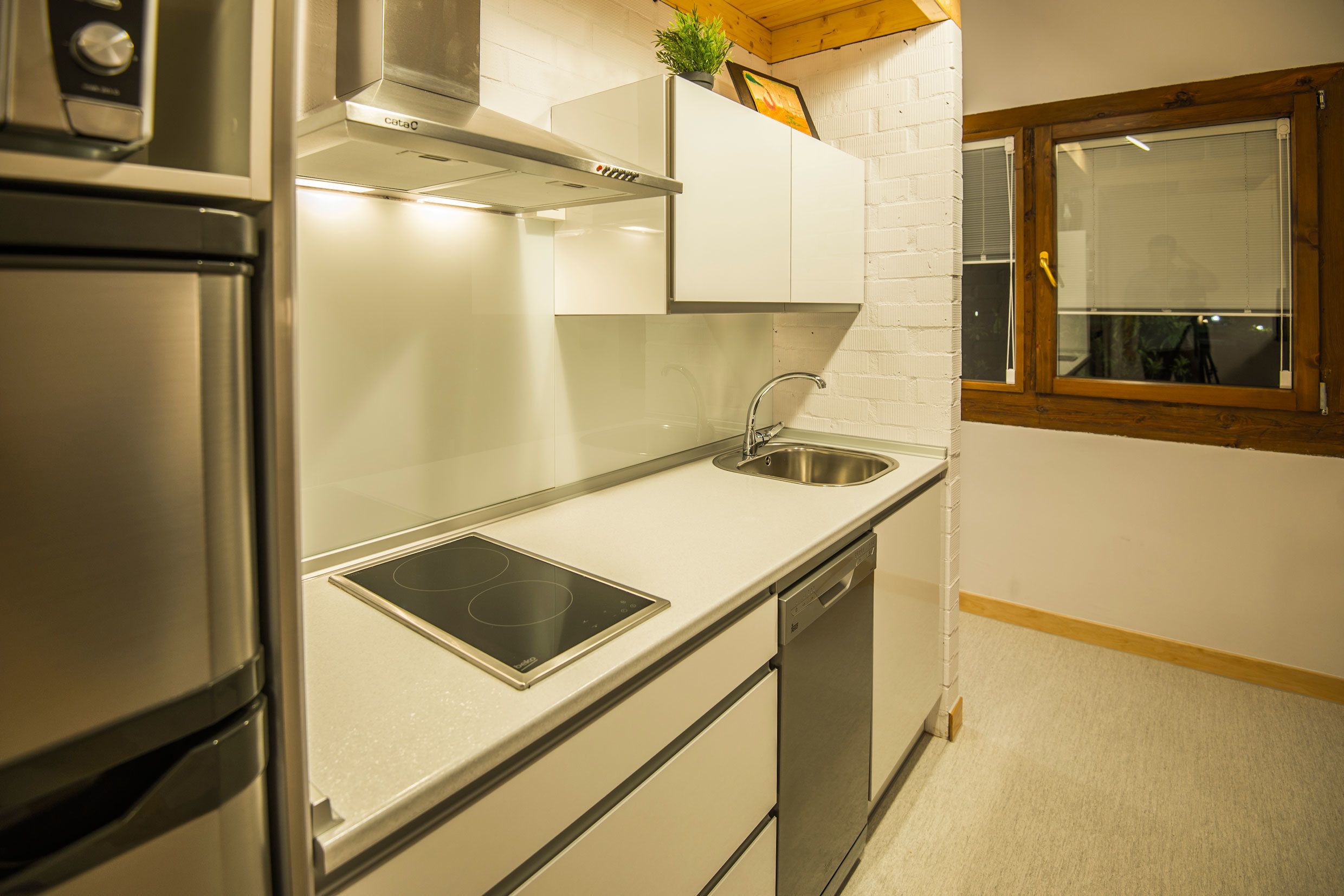 full-sized fridge, microwave, stovetop, dishwasher