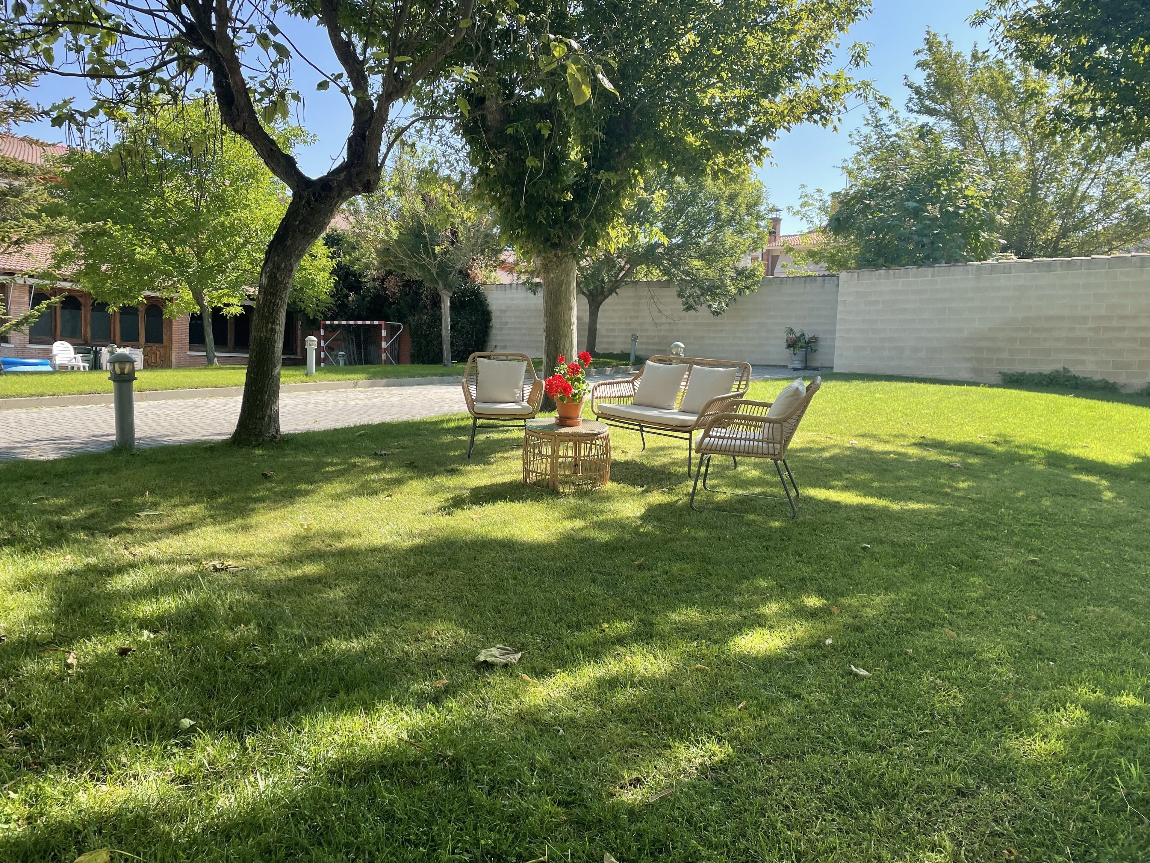 Un espacio al aire libre con césped, muebles de mimbre y una planta en maceta.