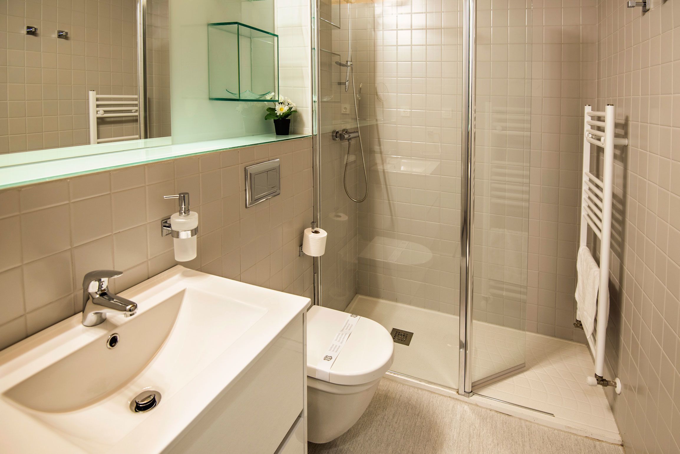 A modern bathroom with a glass shower enclosure, a white sink, and a toilet.