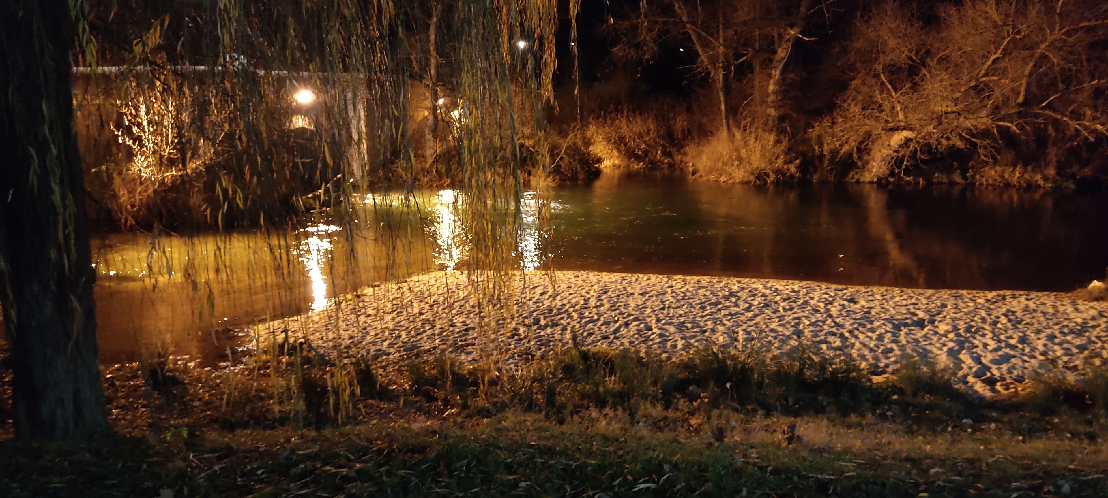 Vista nocturna de un lago con reflejos de luces, rodeado de árboles y una zona arenosa.