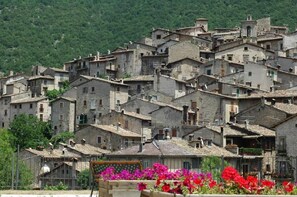 Un pueblo densamente poblado con edificios de piedra, algunos con balcones y ventanas visibles.