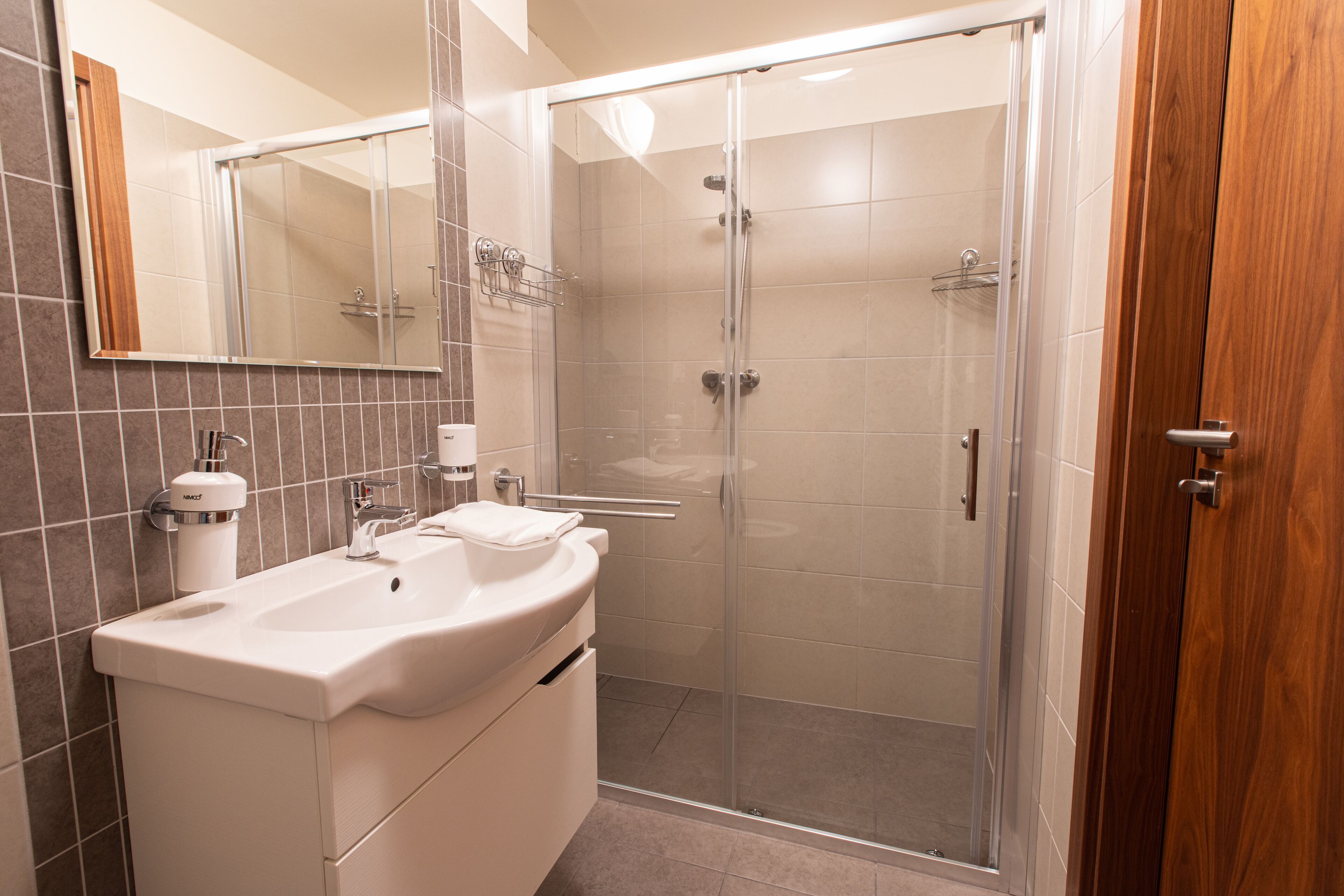 Une salle de bain moderne avec une douche à parois de verre, un lavabo blanc et un miroir.