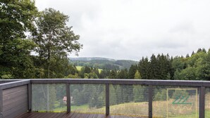 A wooden deck with a mesh railing overlooking a green landscape and a hilly area.