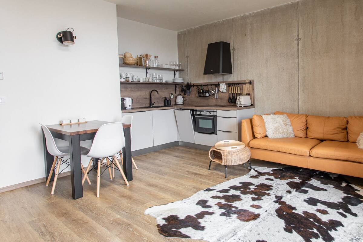 A compact living space with a kitchenette, a dining area, and a seating area with a sofa and a patterned rug.