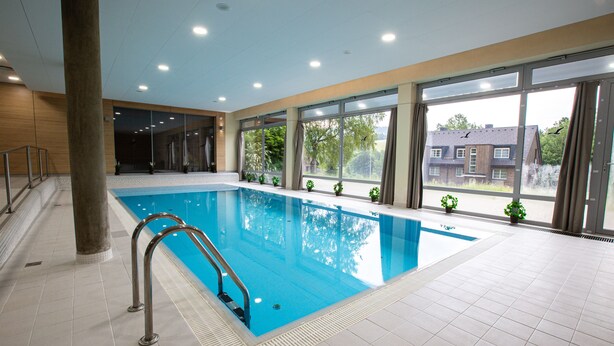 An indoor swimming pool with clear glass walls, metal handrails, and potted plants. - Wellness hotel Říčky (Rícky v Orlických horách)