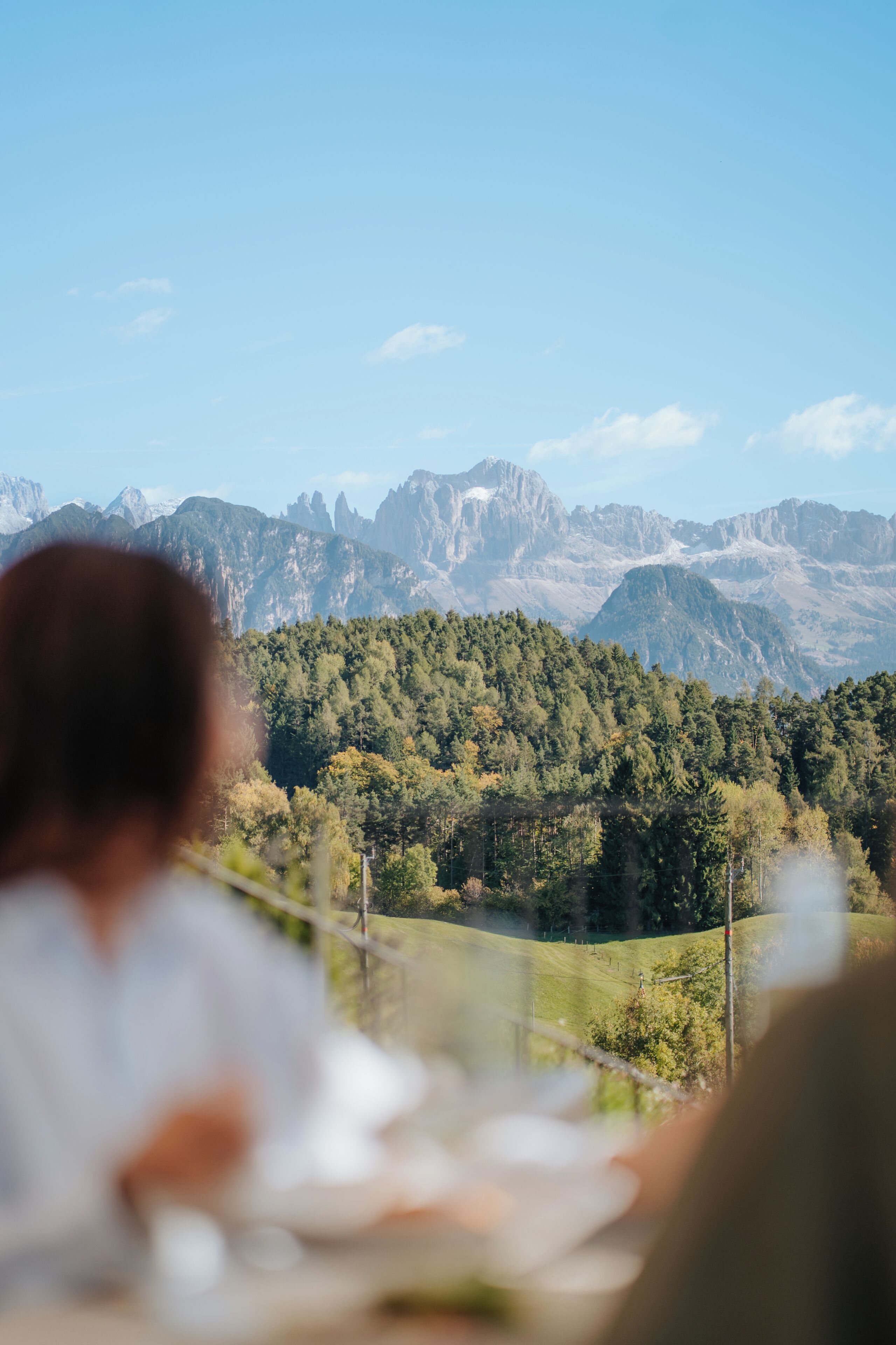 A mountainous landscape with a forested hill and a clear sky.