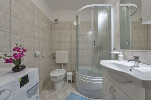 Een moderne badkamer met een douchecabine van glas, een toilet en een wastafel met spiegel.