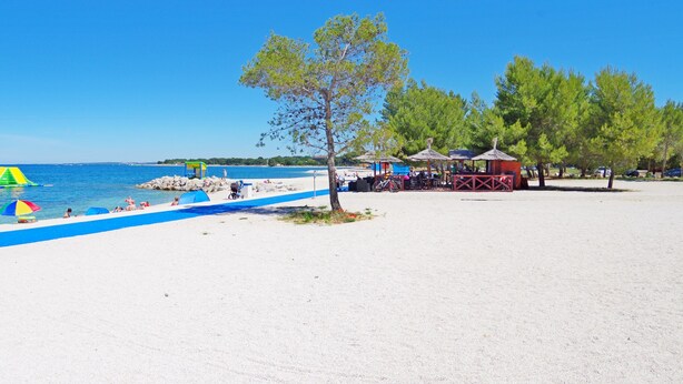 En strand med sandet bredde, klar blå himmel og enkelte træer.