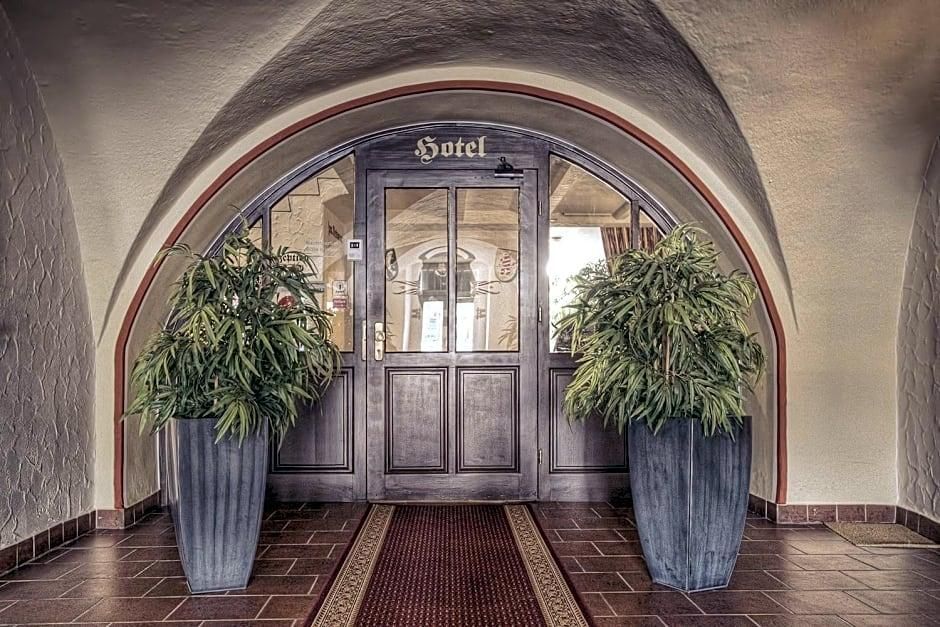 A hotel entrance with a dark wooden door, two large potted plants, and a red carpet leading to the door.