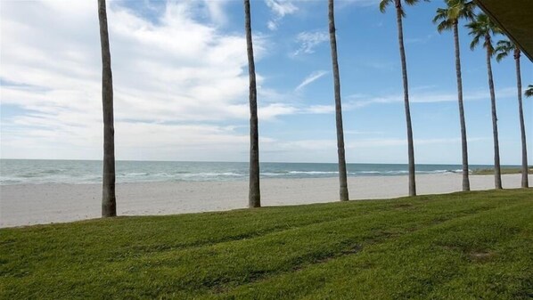On the beach, sun-loungers, beach towels