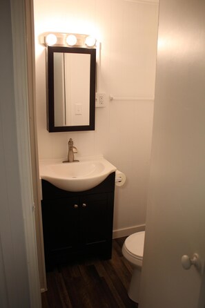 Combined shower/bathtub, hair dryer, towels, soap