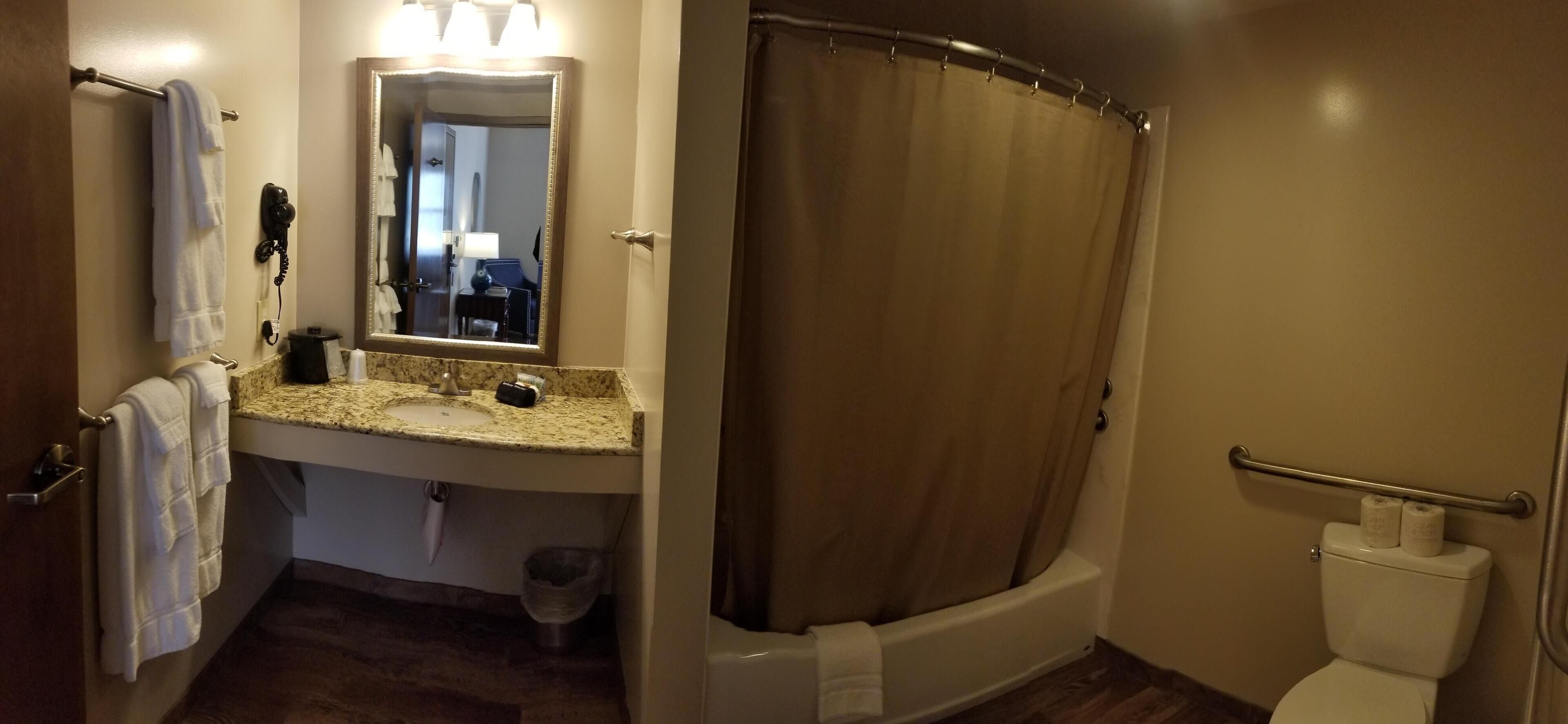A bathroom with a shower curtain, a sink with a mirror, and a toilet.