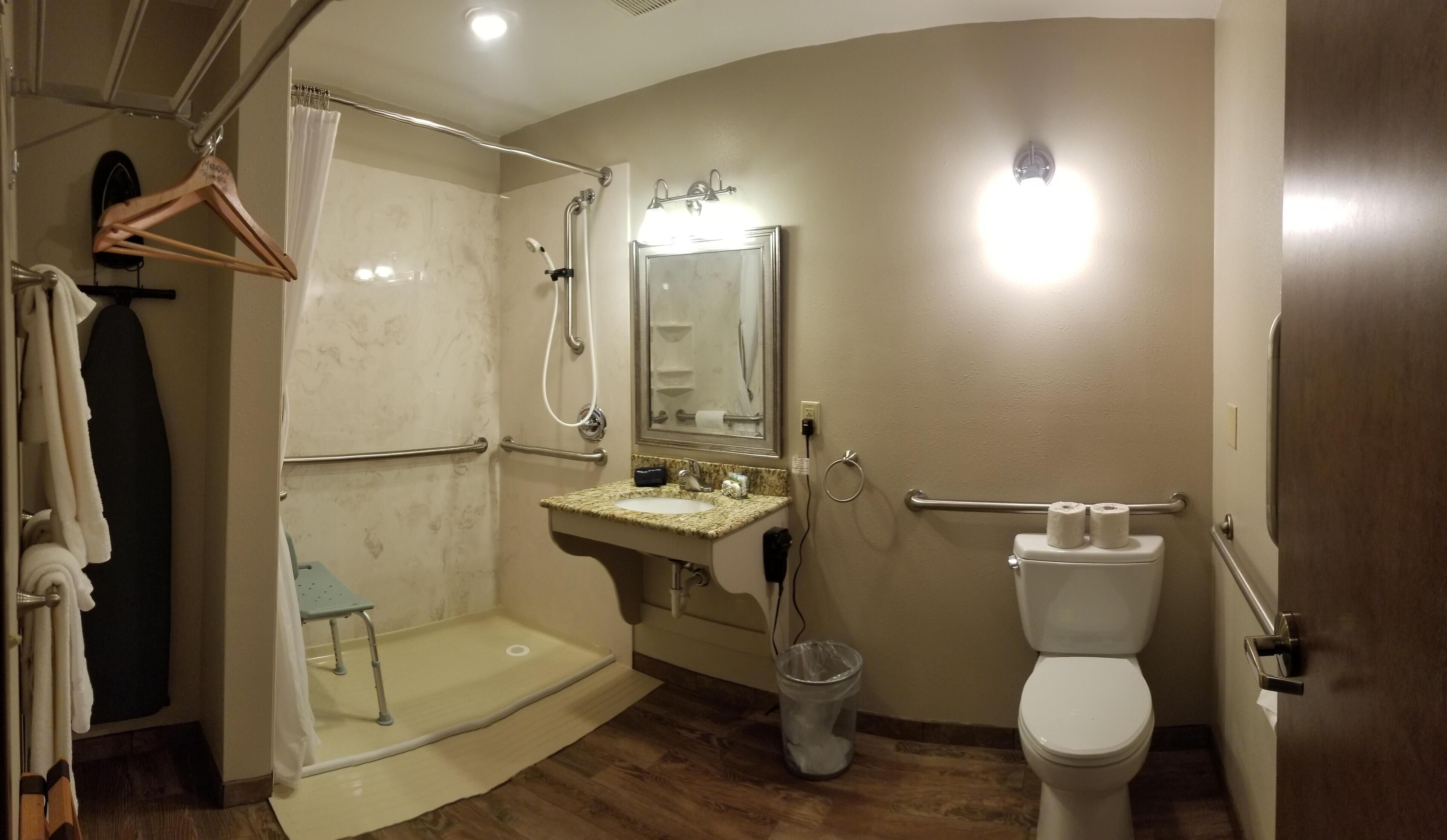 Une salle de bain équipée d’une douche, de toilettes, d’un lavabo et d’un miroir.