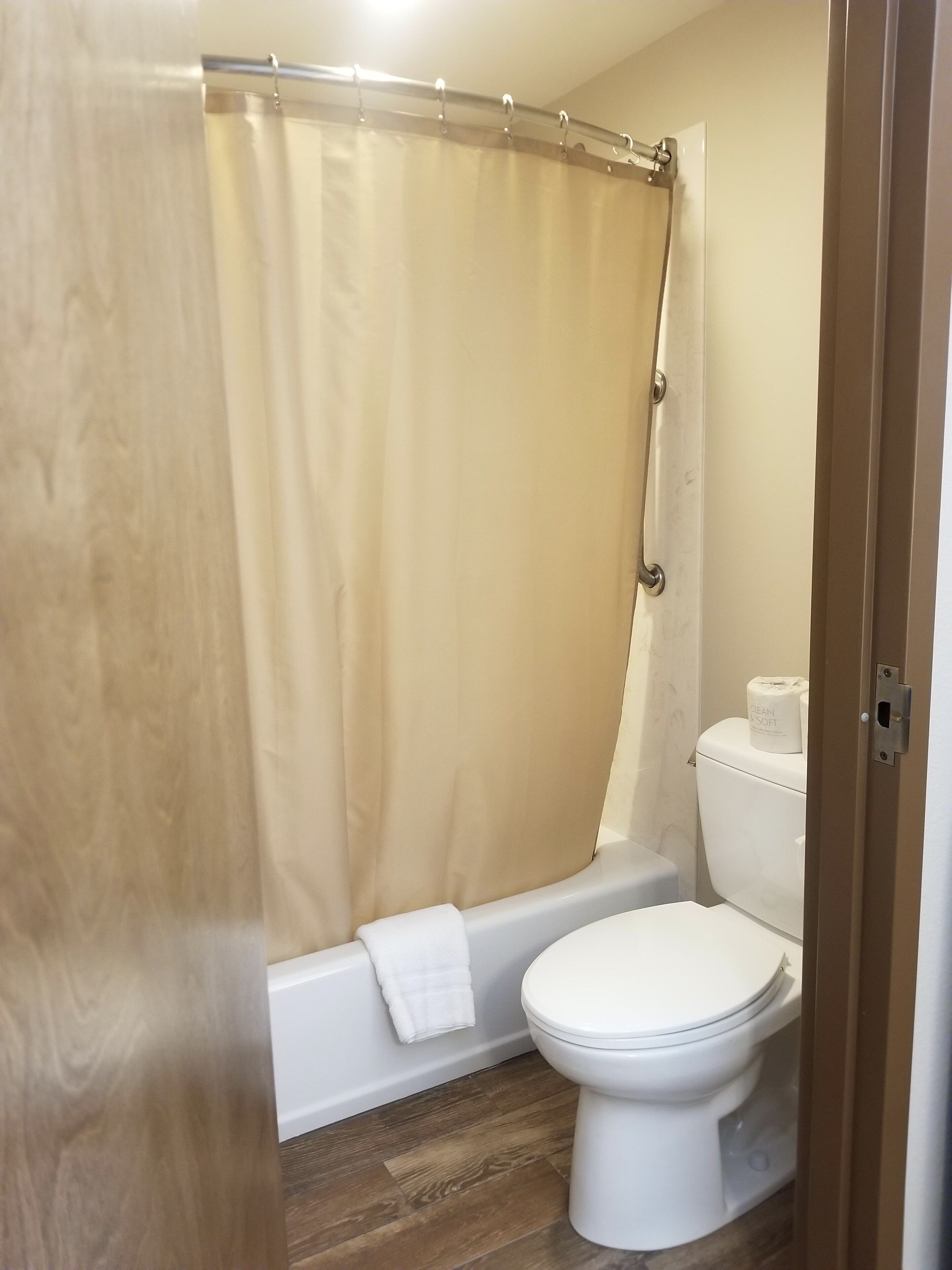 A bathroom with a shower curtain, a toilet, and a bathtub.